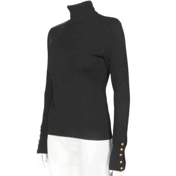 RALPH LAUREN 100% Cashmere Black Leather Shoulder Turtleneck Sweater size M /240 - Picture 4 of 9